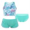 Nikiikoo Kids Girls 3Pcs Active Sports Suit Racer Back Crop Top with Swim Boyshorts Tankini Swimsuit Turquoise 4 Years view 3
