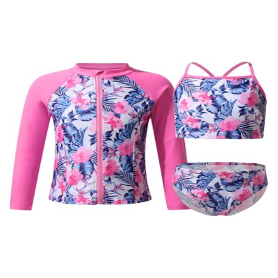 YONGHS 3 Pieces Kids Girls Summer Swimsuit Zip Up Rash Guard Printed Beach Swimwear Bathing Suits Pink Floral 16 Years