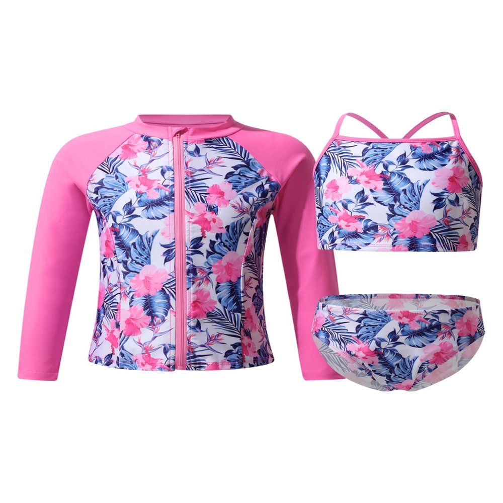 YONGHS 3 Pieces Kids Girls Summer Swimsuit Zip Up Rash Guard Printed Beach Swimwear Bathing Suits Pink Floral 16 Years