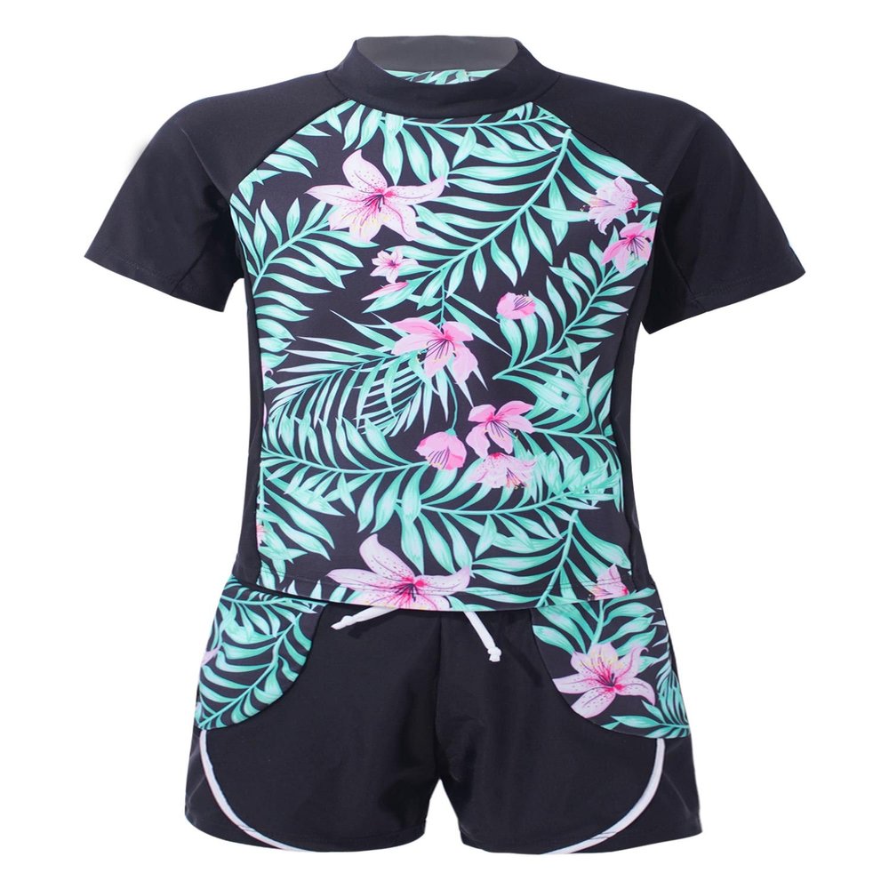 YONGHS Kids Girls 2-Piece Rash Guards Swimsuit Printed Bathing Suits Swimwear Tank Top and Shorts Outfits Summer Lily Pink 8 Years