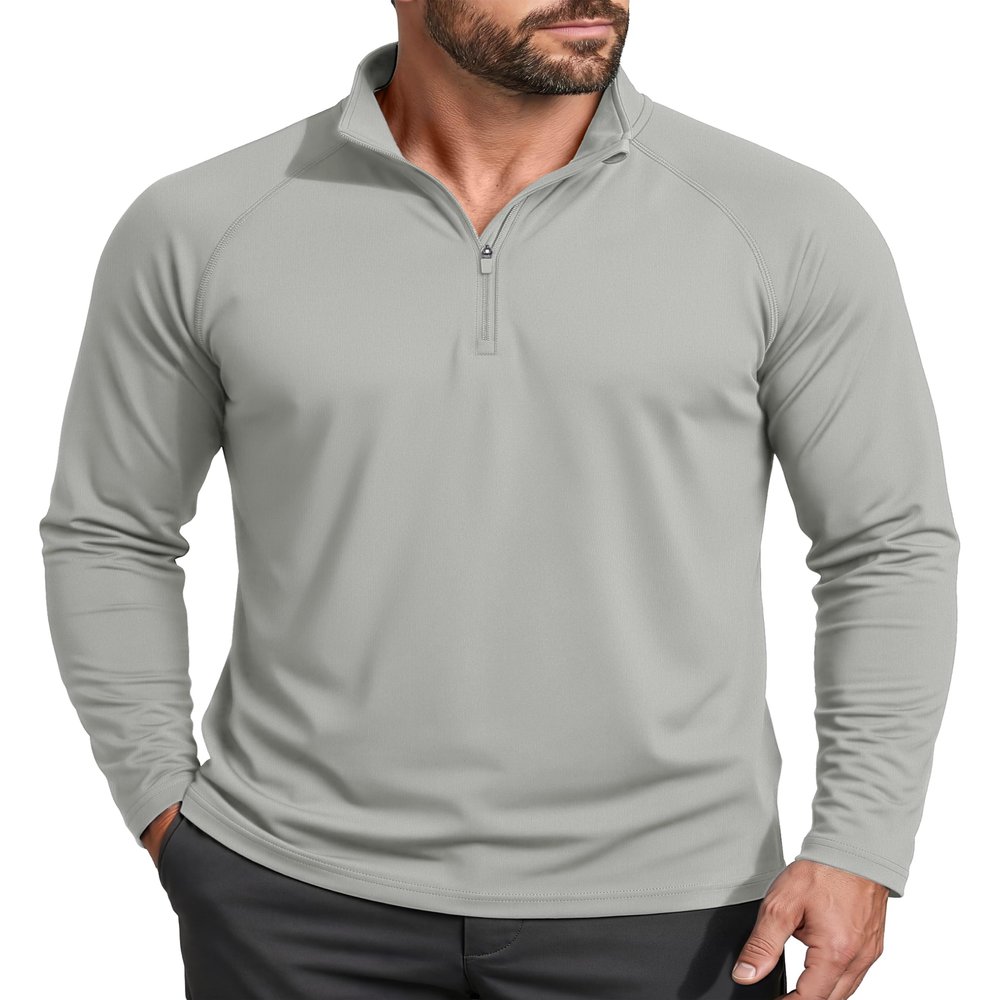 1/4 Zip Shirts Men Quick Dry Sun Protective Quarter Zip Shirt Fishing Shirts Rash Guard Shirt Long Sleeve Shirts Light Grey