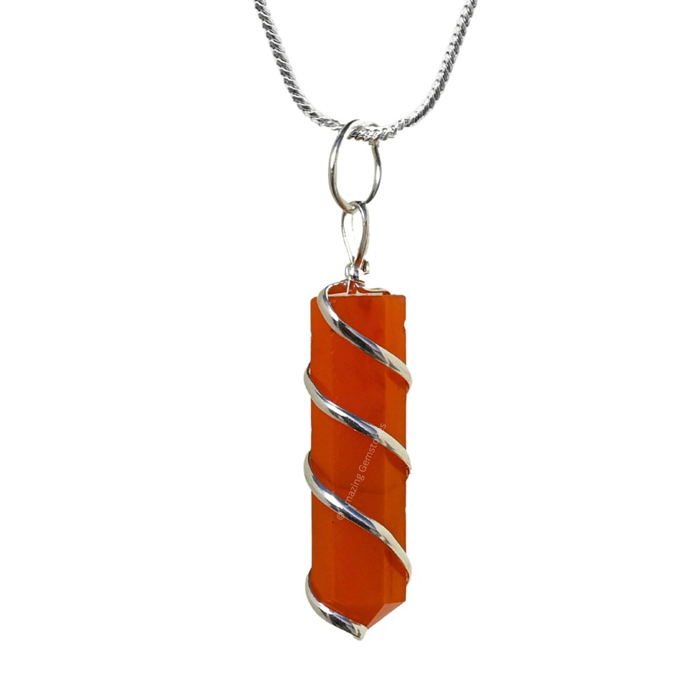 Amazing Gemstone Carnelian Crystal Necklace, Crystals and Healing Stones Silver Chain Real Carnelian Necklace for Women, Wire Wrapped Spiral Pencil Point