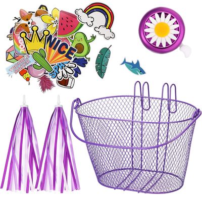 Kid's Bicycle Basket Streamers Set, Children's Bike Wire Mesh Basket with 2 Pieces Colorful Bike Streamers, Bell and 30 Pieces Stickers, Bicycle Decoration Accessories for Boys and Girls (Purple)