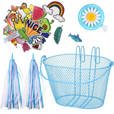 Kid's Bicycle Basket Streamers Set, Children's Bike Wire Mesh Basket with 2 Pieces Colorful Bike Streamers, Bell and 30 Pieces Stickers, Bicycle Decoration Accessories for Boys and Girls (Blue)