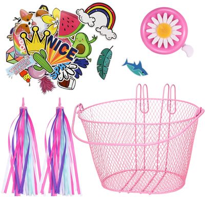 Kid's Bicycle Basket Streamers Set, Children's Bike Wire Mesh Basket with 2 Pieces Colorful Bike Streamers, Bell and 30 Pieces Stickers, Bicycle Decoration Accessories for Boys and Girls (Pink)