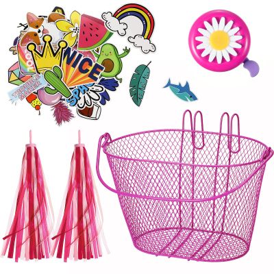 Kid's Bicycle Basket Streamers Set, Children's Bike Wire Mesh Basket with 2 Pieces Colorful Bike Streamers, Bell and 30 Pieces Stickers, Bicycle Decoration Accessories for Boys and Girls (Rose Red)