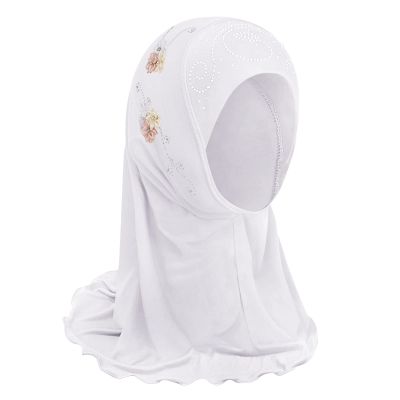 NICEYST Girls Ice Silk Muslim Khimar Hijab Headscarf Flower Arab Scarf Shawls Neck Wrap Islamic Head Wrap for Age 2-7 Years (Style 3-White)