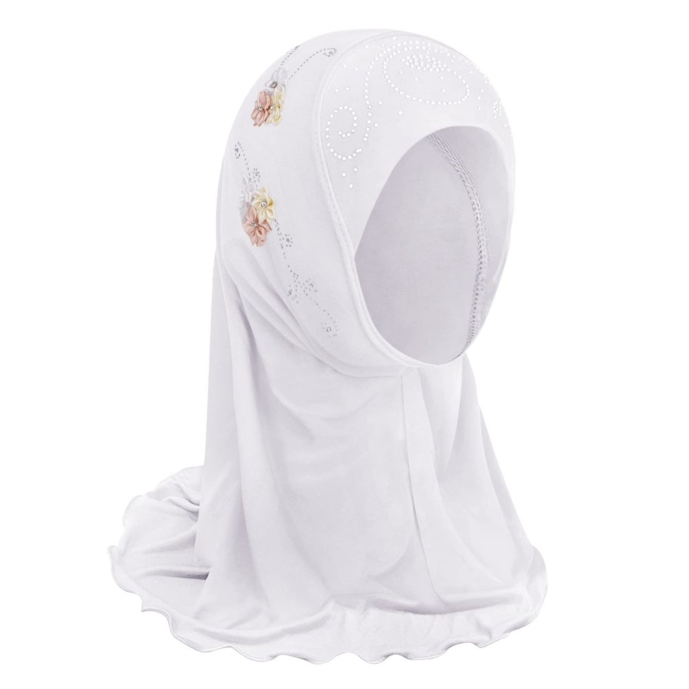 NICEYST Girls Ice Silk Muslim Khimar Hijab Headscarf Flower Arab Scarf Shawls Neck Wrap Islamic Head Wrap for Age 2-7 Years (Style 3-White)