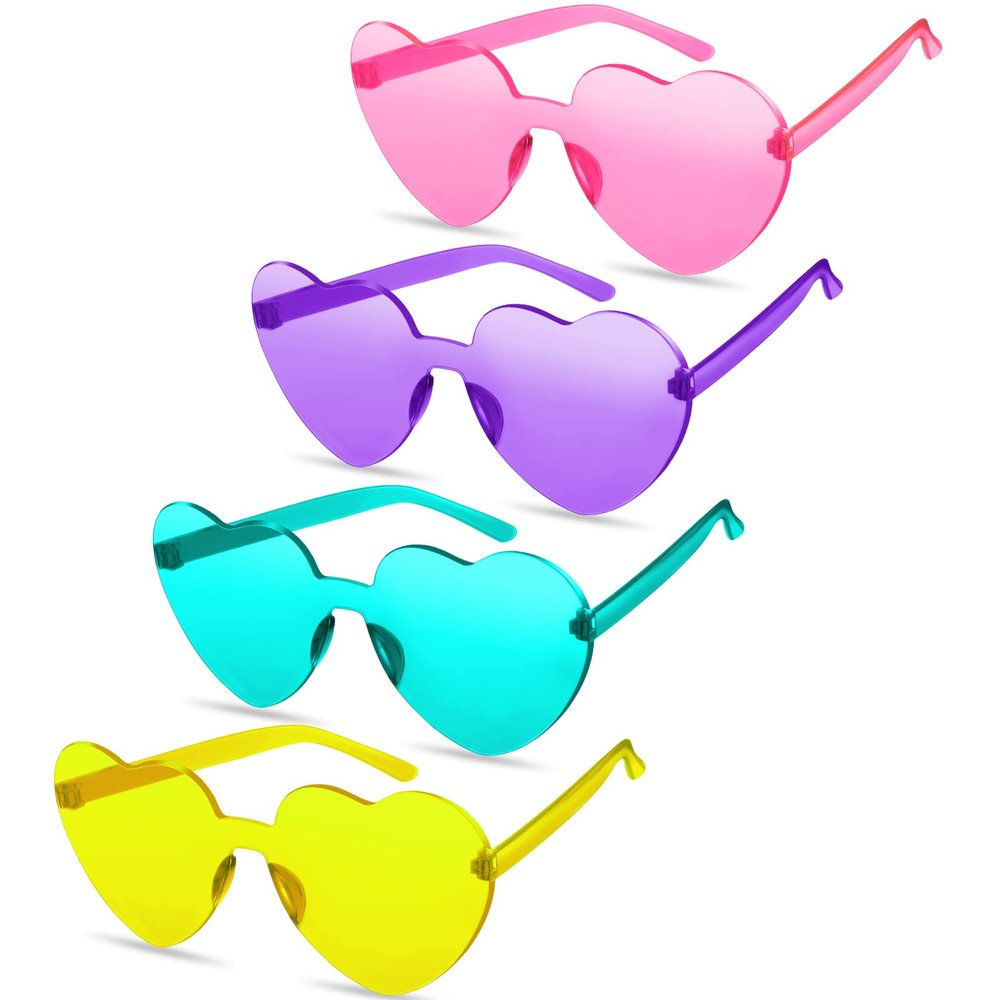 TOODOO 4 Pack Heart Shaped Sunglasses Rimless Candy Color Eyewear Valentines Halloween Accessories(Purple, Pink, Yellow, Lake Blue)