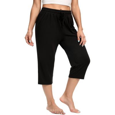CULAYII Capris with Pocket for Women Quick Dry High Waisted Hiking Lightweight Pants Drawstring Outdoor Pants for Women Black M