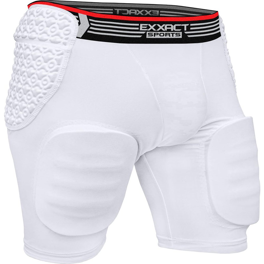 Exxact Sports Rebel 5-Pad Adult Football Girdle for Men with Cup Pocket, Lightweight Padded Compression Shorts with Integrated Hip, Thigh, Tailbone Pads, Men's Girdle Football (White, A4XL)