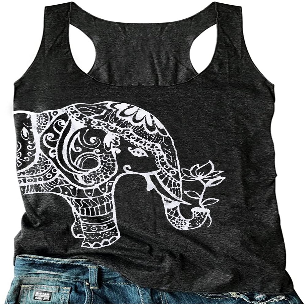 Summer Tank Tops for Women Animal Graphic Racerback T Shirts Elephant Cute Print Camisole Casual Basic Workout Tank Tops(Elephant Mandala, X-Large)