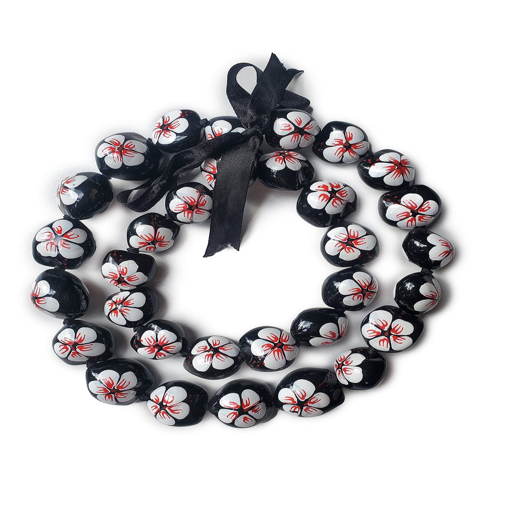 32" Hawaii Wedding Kukui Nut Lei Graduation Luau Hula Necklace Hawaiian Hibiscus (White)