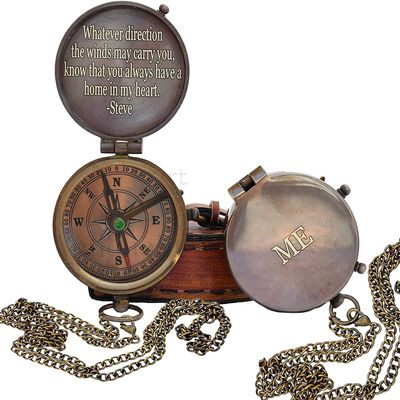 WOANIN Sundial Handheld Compass with Leather Case- Brass Antiquated Finish Handmade Compass- Engraved Pocket Compass, Beautiful Gift for Dad Birthday