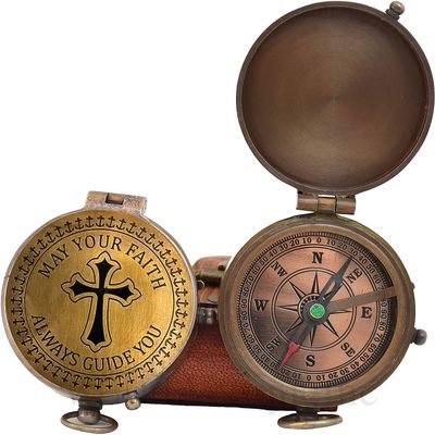 Brass Compass Cross and May Your Faith Always Guide You Engraved. Keepsake Confirmation Gift Ideas, Heavenly Gift of Faith. The Perfect Baptism, Missionary, Birthday. (May Your Faith)