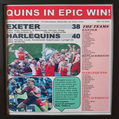 Exeter Chiefs 38 Harlequins 40 - 2021 Premiership final - framed print