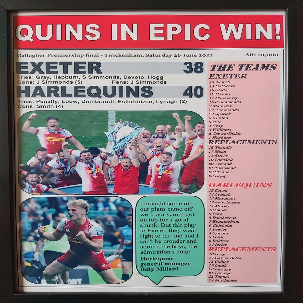 Exeter Chiefs 38 Harlequins 40 - 2021 Premiership final - framed print