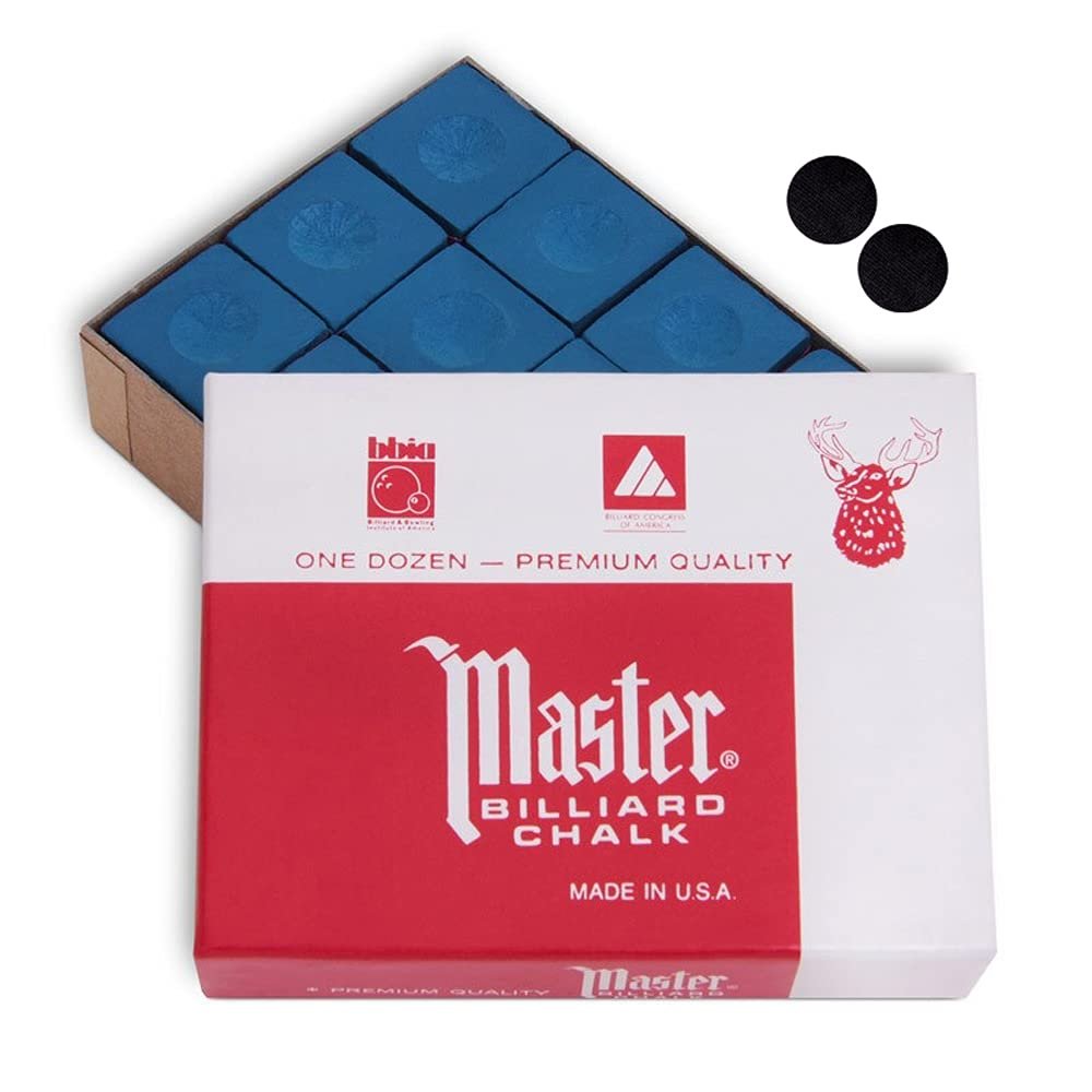Master Chalk Master Billiard Pool Cue Chalk Premium Quality - 1 Dozen - Made in The USA + 2 pcs of Quality Billiard Pool Table Spots (Blue)