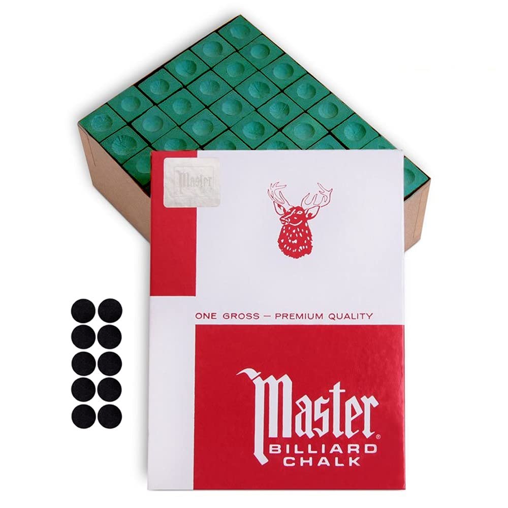 Master Chalk Billiard Pool Cue Chalk Premium Quality - 1 Gross - 144 pcs - Made in The USA + 10 pcs of Quality Billiard Pool Table Spots (Forest)
