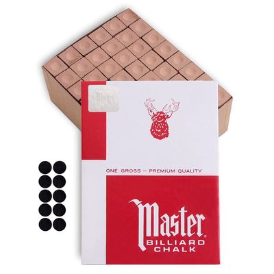 Master Billiard Pool Cue Chalk Premium Quality - 1 Gross - 144 pcs - Made in The USA + 10 pcs of Quality Billiard Pool Table Spots (Gold)