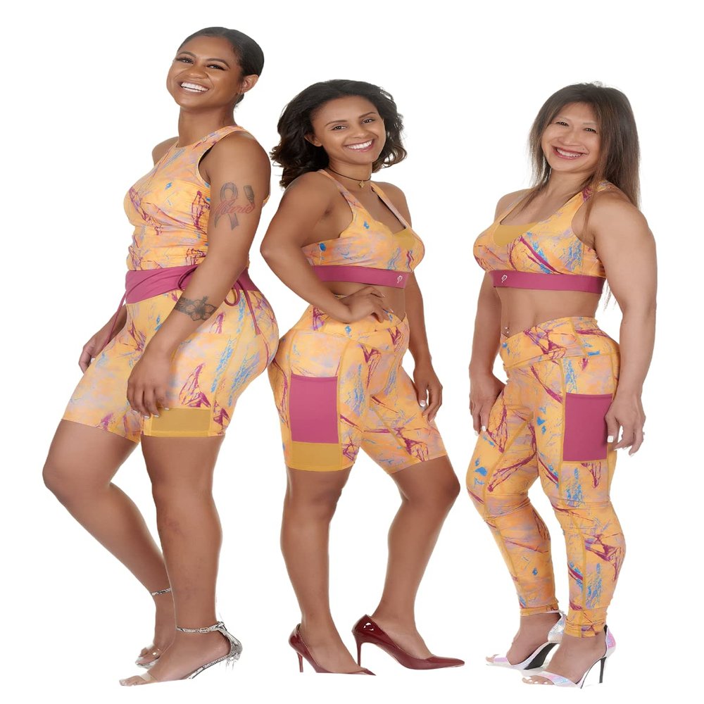 laurenaws 4 Pieces Yoga Set for Workout or Casual wear Sunshine : Legging, Bike Short, Sport Bra and Crop top S