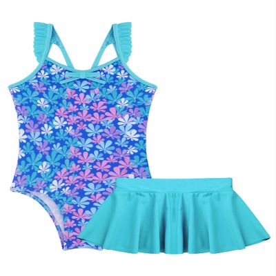 renvena Girl 2Pcs Mermaid Swimwear One Piece Tie-Dye Ruffle Sleeve Swim Leotard with Skirt Tankini Sets Blue 4
