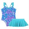 renvena Girl 2Pcs Mermaid Swimwear One Piece Tie-Dye Ruffle Sleeve Swim Leotard with Skirt Tankini Sets Blue 4 view 1