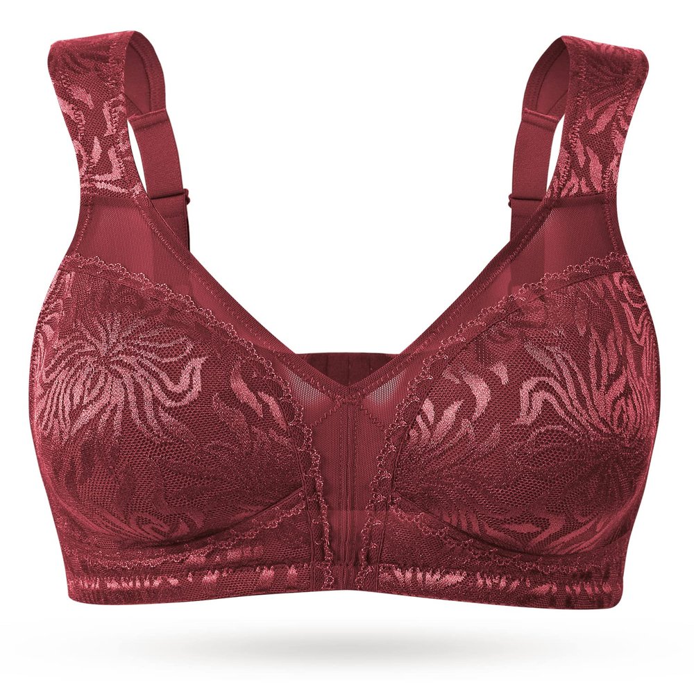 Wingslove Women's Full Coverage Non Padded Comfort Minimizer Wire-Free Bra Plus Size(Wine Red,48DD)