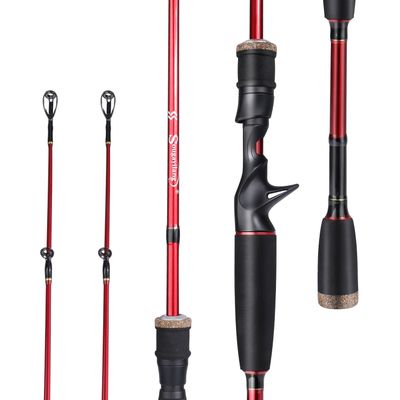 Sougayilang Fishing Rod, 30 Ton Carbon Fiber Sensitive 2Pc Baitcasting Rod & Spinning Rod for Freshwater or Saltwater, Tournament Quality Fishing Pole with 2 Tips for Bass-Red-6.9FT-Casting