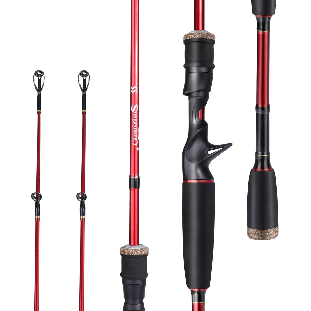 Sougayilang Fishing Rod, 30 Ton Carbon Fiber Sensitive 2Pc Baitcasting Rod & Spinning Rod for Freshwater or Saltwater, Tournament Quality Fishing Pole with 2 Tips for Bass-Red-6.9FT-Casting