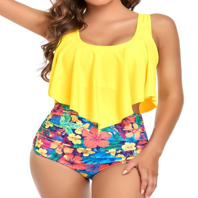 Edelqual Tankini Swimsuits for Women Plus Size Tummy Control Bathing Suit Two Piece Top Modest Full Coverage High Waisted Bikini Bottom Swimwear Set(Yellow Blue Red Flower 2XL)