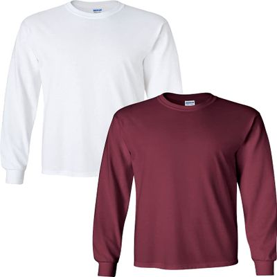 Gildan Men's Ultra Cotton Adult Long Sleeve T-Shirt, 2-Pack White-Maroon Pack of 2 Small