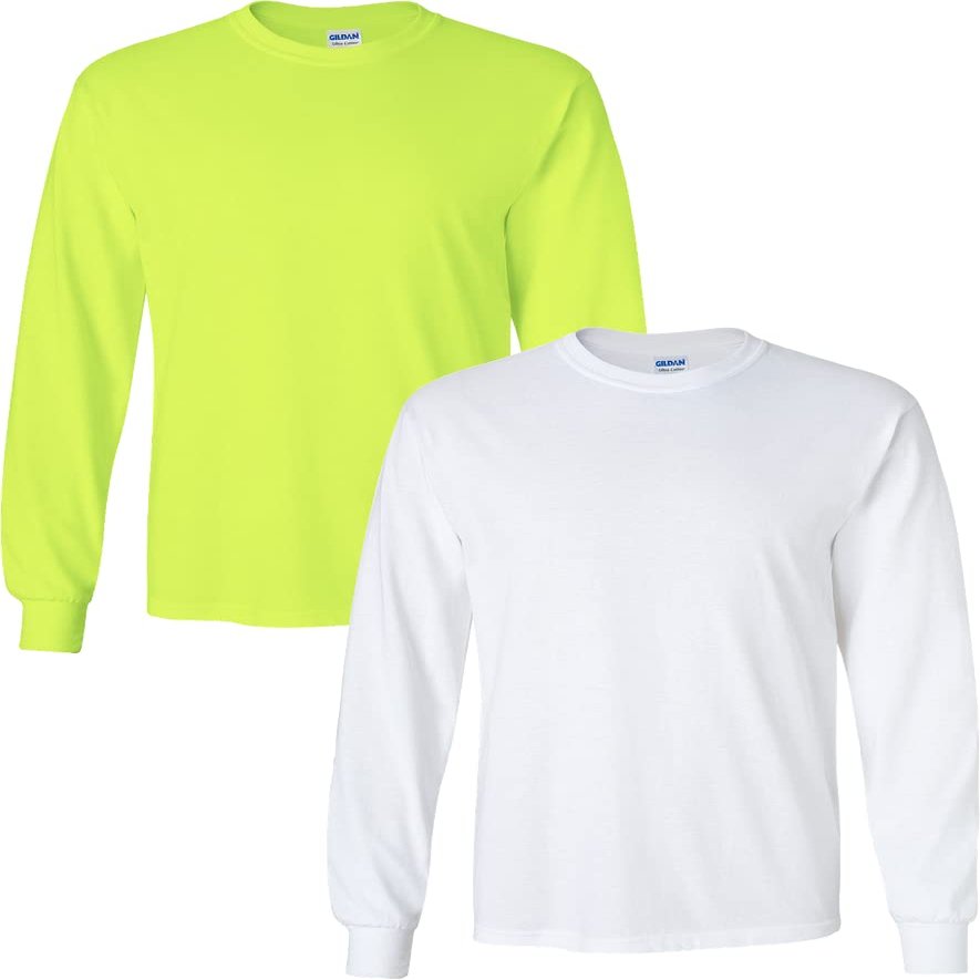 Gildan Men's Ultra Cotton Adult Long Sleeve T-Shirt, 2-Pack SafetyGreen-White Pack of 2 Medium