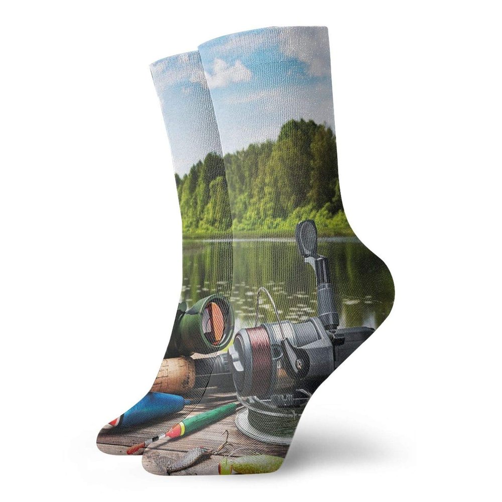 GULTMEE Funky Colorful Cushion Sport Socks,Fishing Tackle On A Pontoon Lake In The Woods Trees And Greenery Freshwater Hobby,Athletic Cushioned Running Performance Crew Socks For Men/Women, -12 inch