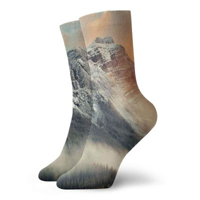 GULTMEE Funky Colorful Cushion Sport Socks,Snowy Mountains At Sunset Hazy Weather Magical Yoho Alberta Image Print,Athletic Cushioned Running Performance Crew Socks For Men/Women, -12 inch