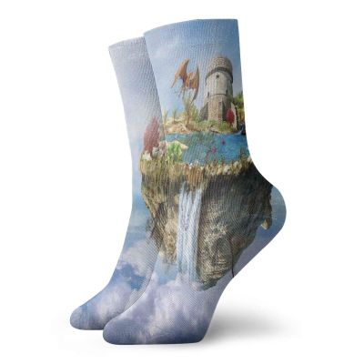 GULTMEE Funky Colorful Cushion Sport Socks,Island With Dragon Castle Tower Waterfall And Flipped Mountain Is Flying In Space,Athletic Cushioned Running Performance Crew Socks For Men/Women, -12 inch