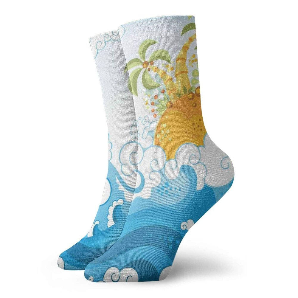 GULTMEE Funny Compression Socks Women and Men,Ocean Sea Waves And Exotic Palm Trees Island Summer Holiday Kids Playroom Cartoon,Best for Circulation,Running,Athletic,Nurse,Travel, -12 inch