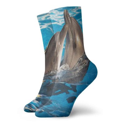 Dolphin Funny Compression Socks Women and Men,Aqua Show Pair Of Valentines Dolphins Dancing In Pool Animal Tenderness Love,Best for Circulation,Running,Athletic,Nurse,Travel,Blue Dark Taupe -12 inch