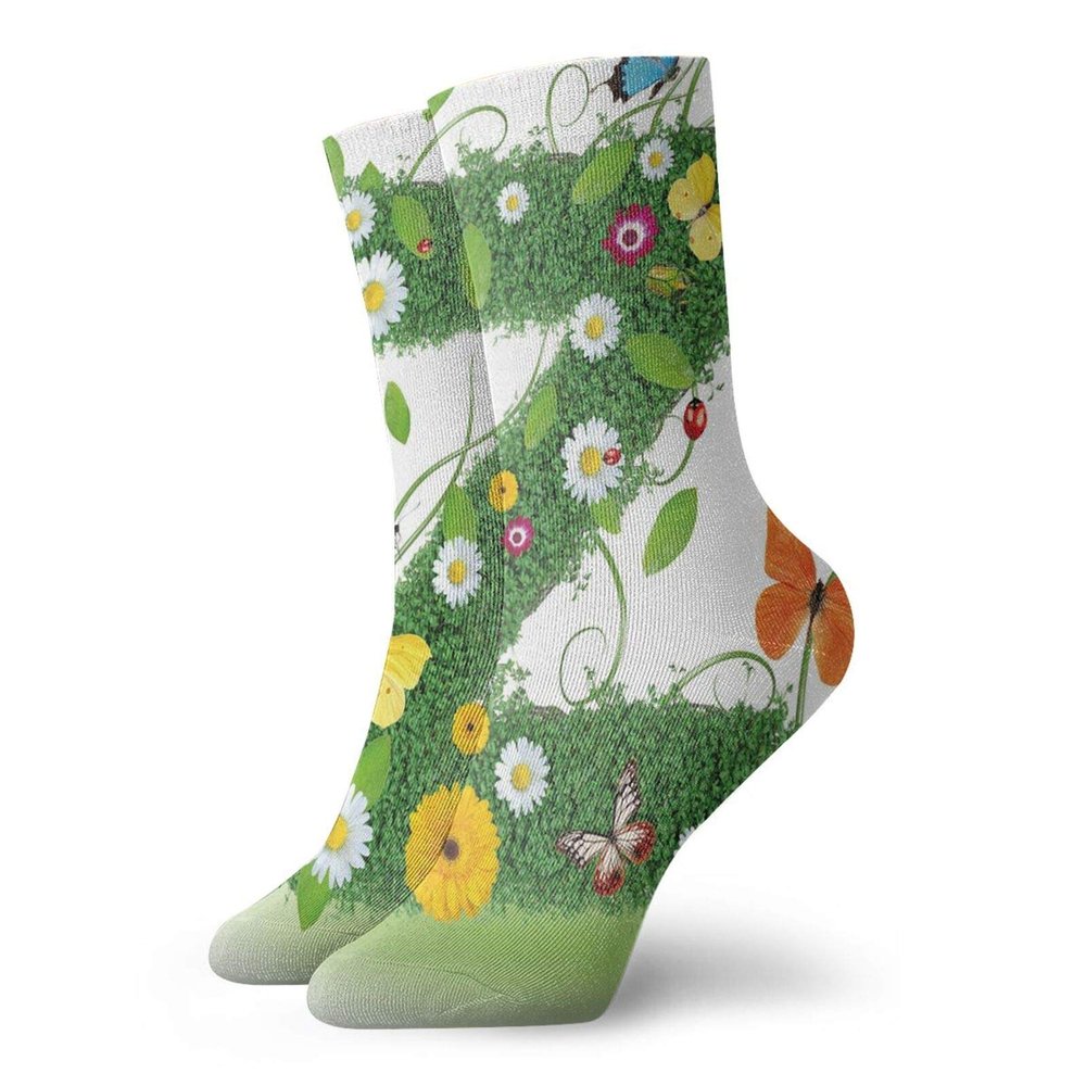 GULTMEE Fashion Compression Socks,Fresh Summer Garden Flower Bed And Cute Butterflies Colorful Wings Leaves,Performance Polyester Cushioned Athletic Crew Socks for Running,Athletic, -12 inch