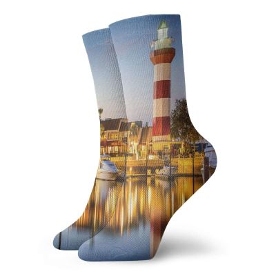 GULTMEE Funky Colorful Cushion Sport Socks,Hilton Head South Carolina Lighthouse Twilight Water Reflection Boats Idyllic,Athletic Cushioned Running Performance Crew Socks For Men/Women, -12 inch