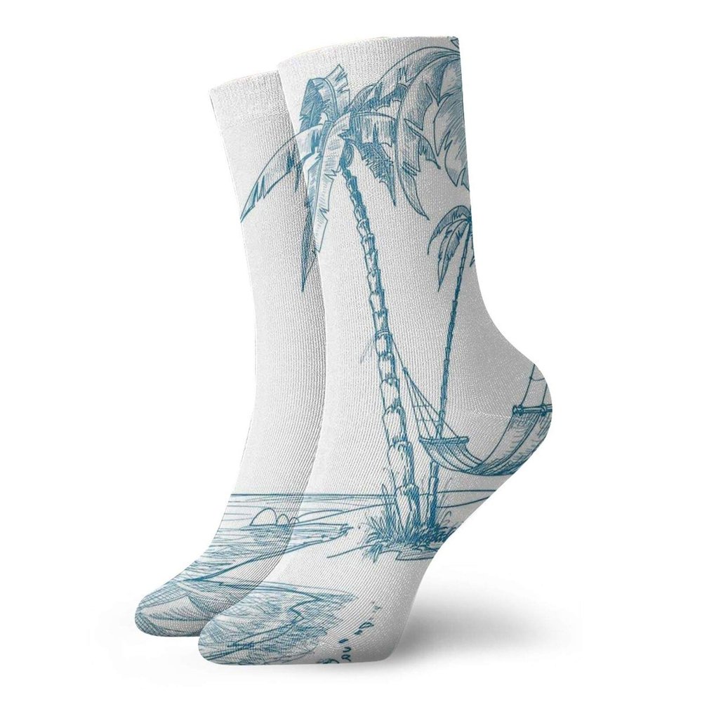 GULTMEE Funky Colorful Cushion Sport Socks,Modern Illustration Of A Tropical Beach With Palm Trees And Hammock Hawaiian Relax,Athletic Cushioned Running Performance Crew Socks For Men/Women, -12 inch