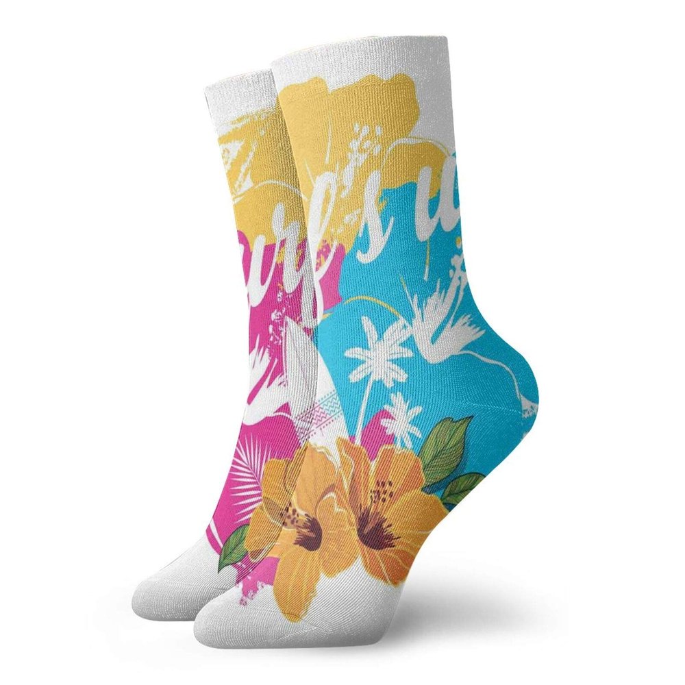 GULTMEE Fashion Compression Socks,Tropical Hawaiian Hibiscus Flower Bouquet And Surf Up Phrase With Paddle Board,Performance Polyester Cushioned Athletic Crew Socks for Running,Athletic, -12 inch