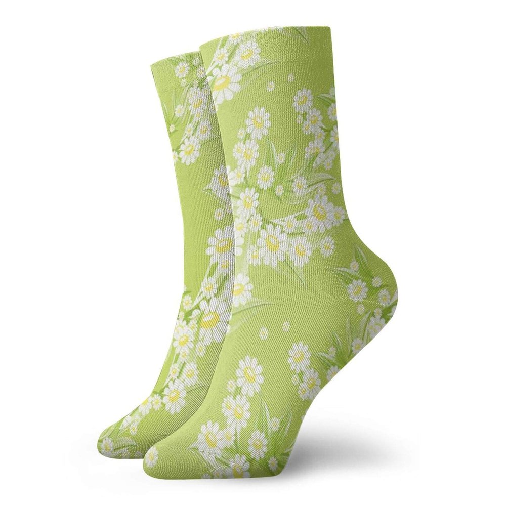 Fashion Compression Socks,Spring Chamomiles Leaf Flora Greenery Yard Budding Flower Grass Graphic Art,Performance Polyester Cushioned Athletic Crew Socks for Running,Athletic, -12 inch