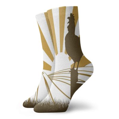 GULTMEE Funky Colorful Cushion Sport Socks,Morning In The Farm With Cockerel At Dawn With Sunrise In The Background,Athletic Cushioned Running Performance Crew Socks For Men/Women, -12 inch