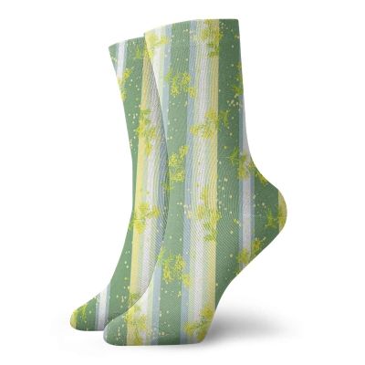 GULTMEE Fashion Compression Socks,Mimosa Spring Flower Leaves On Striped Back March Blossoms Feminine Decor,Performance Polyester Cushioned Athletic Crew Socks for Running,Athletic, -12 inch