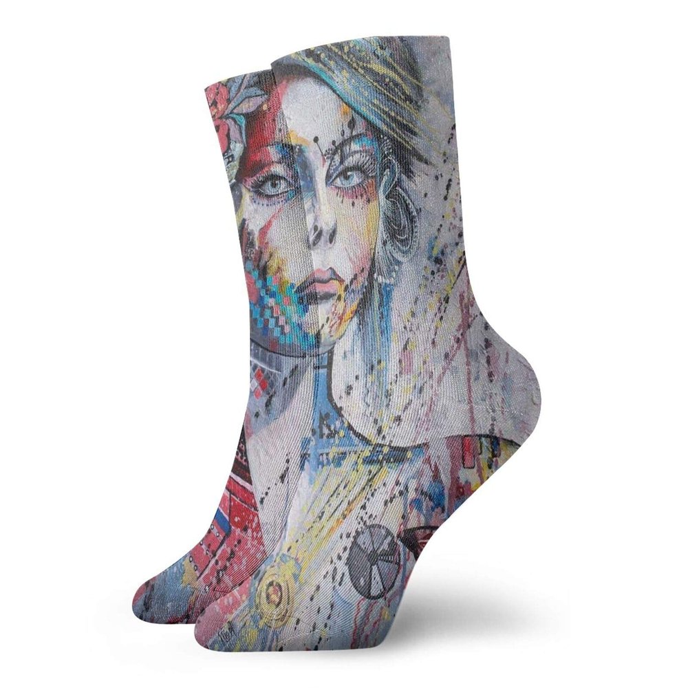 GULTMEE Funny Compression Socks Women and Men,Fantasy Portrait Of A Girl With Floral And Geometric Details Butterflies Color Splashes,Best for Circulation,Running,Athletic,Nurse,Travel, -12 inch
