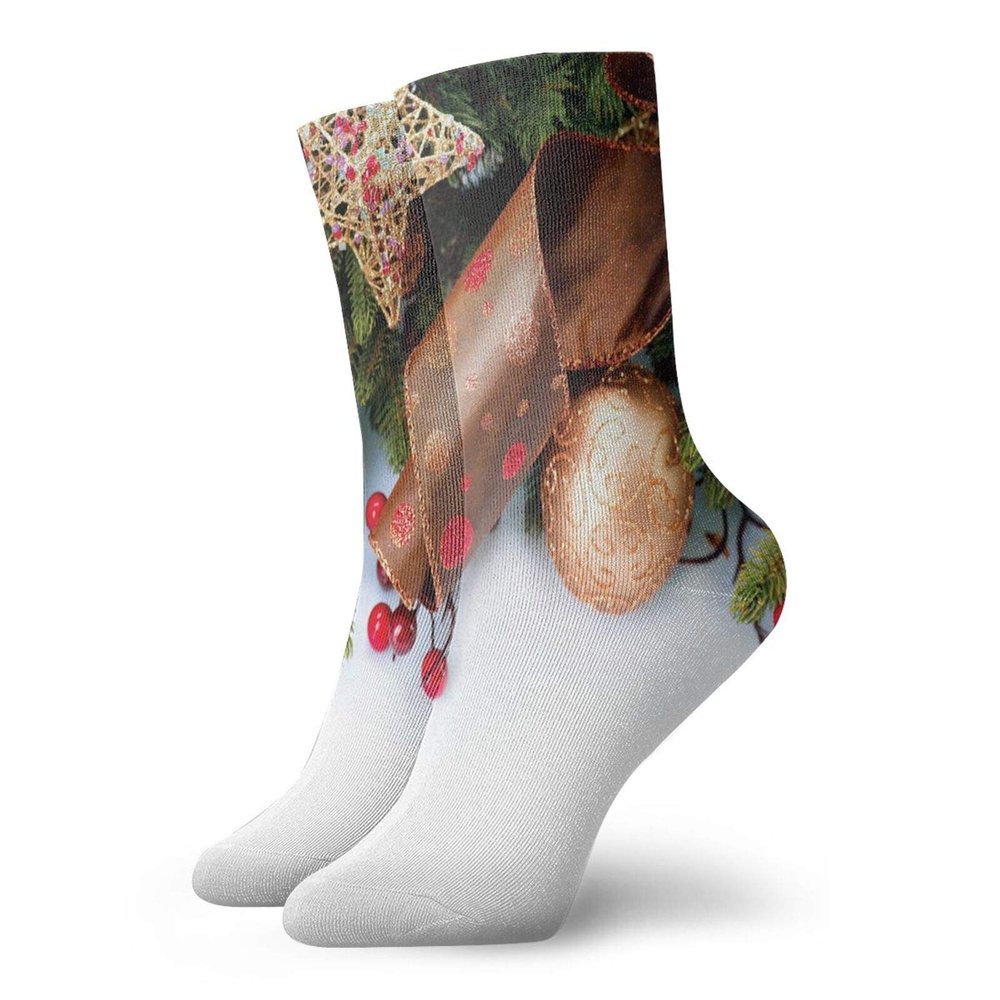 GULTMEE Funny Compression Socks Women and Men,Pine Cones With Garland Tree Topper Star Mistletoe And Swirled Ornate Elements,Best for Circulation,Running,Athletic,Nurse,Travel, -12 inch