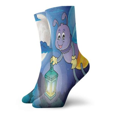 GULTMEE Funny Compression Socks Women and Men,Cute Little Bug Flying With Lantern On Full Moon Sky Night Childish Kids Cartoon,Best for Circulation,Running,Athletic,Nurse,Travel, -12 inch