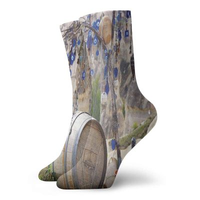 GULTMEE Funky Colorful Cushion Sport Socks,Picturesque Landscape With Evil Eyes On A Tree Cappadocia Turkey Anatolian Culture,Athletic Cushioned Running Performance Crew Socks For Men/Women, -12 inch