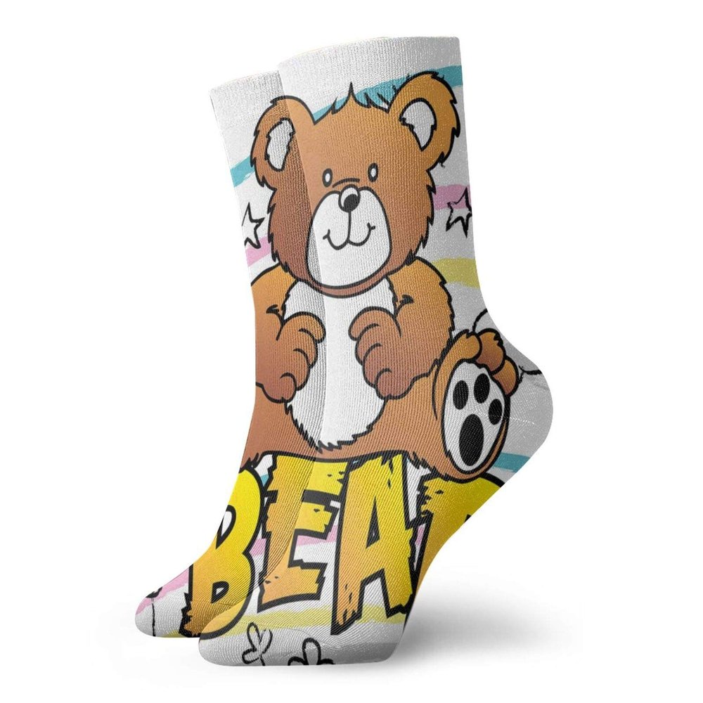 GULTMEE Funny Compression Socks Women and Men,Cute Brown Bear Kids Toy Typography On Colorful Stripes Houses Clouds Moons Stars,Best for Circulation,Running,Athletic,Nurse,Travel, -12 inch
